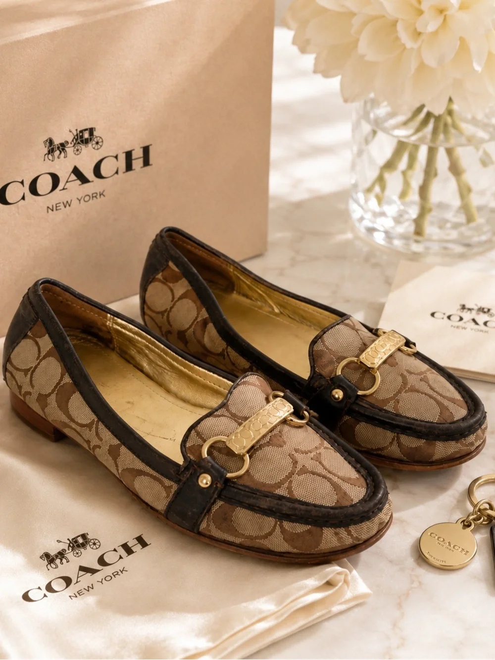 Coach Signature Jacquard Horsebit Loafers Brown Tan Leather Flats Size 7